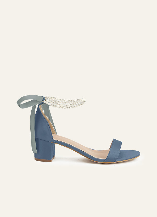 front Matching Color Matte Satin Pearl and Bow Open Toe Chunky Heel Sandals