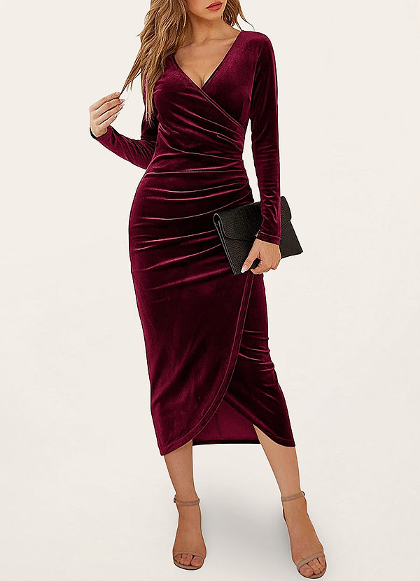 front Going For Glamour Burgundy Velvet Long Sleeve Midi Dress