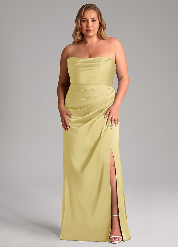 Azazie Leonis Bridesmaid Dresses Lemon Sorbet Mermaid Pleated Stretch Satin Convertible Dress image1