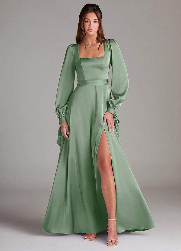 Azazie Leonia Bridesmaid Dresses Matcha A-Line Long Sleeve Stretch Satin Dress image1
