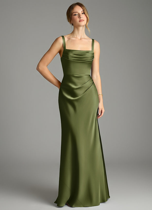 Azazie Alouette Bridesmaid Dresses Olive Mermaid Pleated Stretch Satin Dress image1