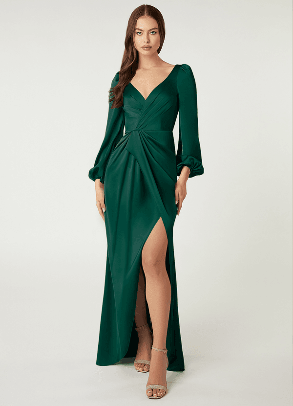 Azazie Mel Bridesmaid Dresses Emerald Sheath Long Sleeve Stretch Satin Dress image1