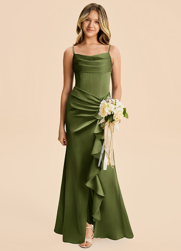 Azazie Rosalia Junior Olive Sheath Pleated Stretch Satin Dress image1
