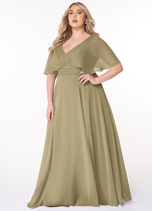 Azazie Pamela Robes Demoiselle d'honneur Robe Trapèze en Mousseline de soie Col V plissé Vert Mousse image1
