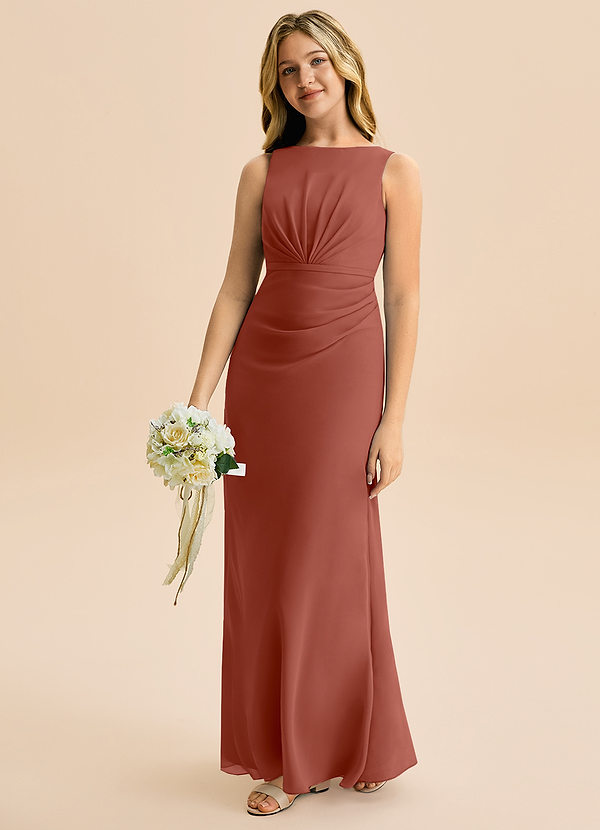 Azazie Floris Junior Robe Trapèze en Mousseline de soie Plissée Auburn image1