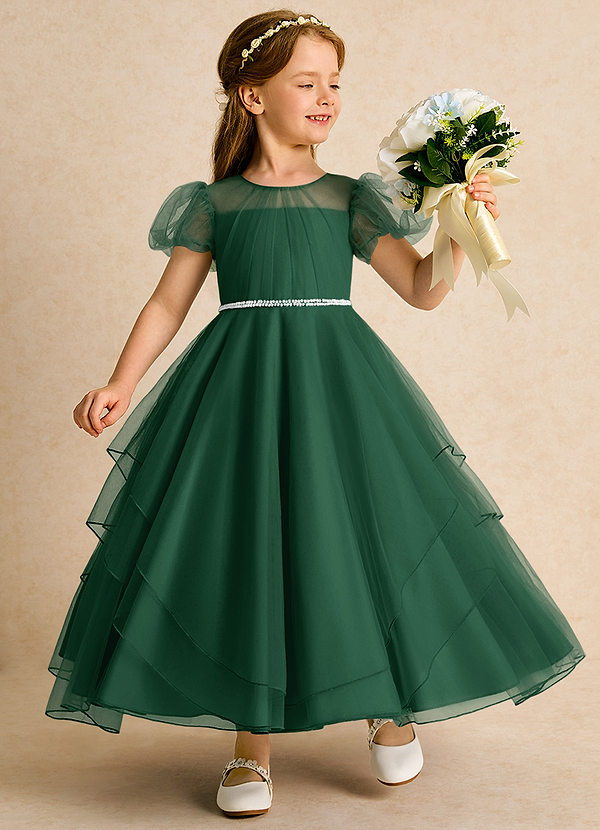 Azazie Duckie Abiti da Ragazza di Fiori Abito Principessa in Tulle Plissettato Verde Scuro image1