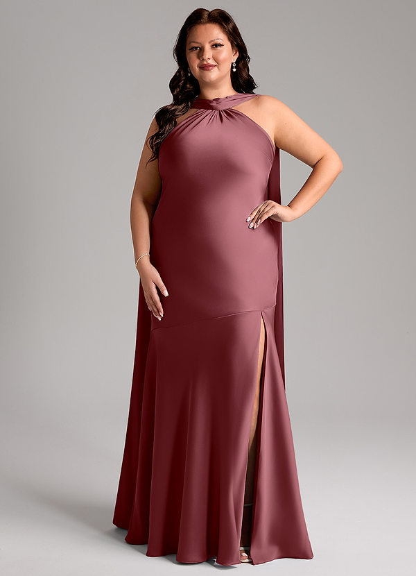 Azazie Kinsley Robes Demoiselle d'honneur Robe Sirène en Satin extensible Fente Latérale Rose Du Désert image1