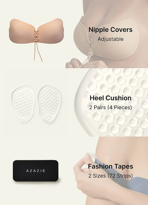 front Bridal Essentials Kit – Adjustable Lift Pasties, Double-Sided Fashion Tape & Gel Foot Cushions