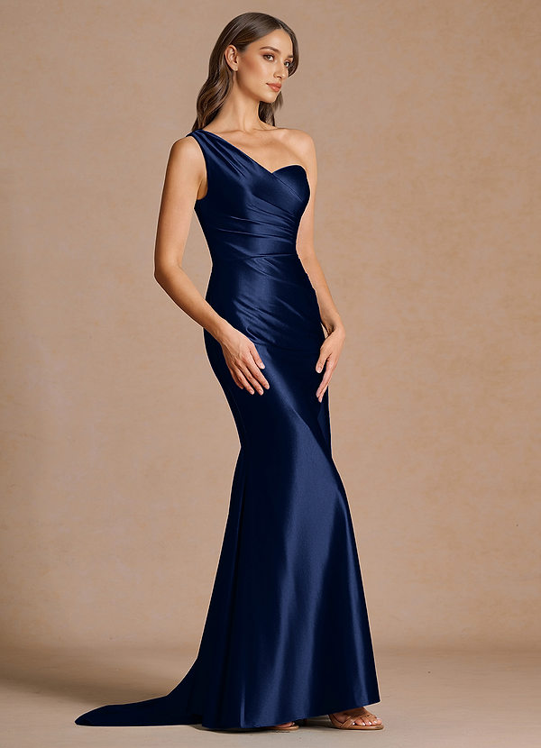 美品★アレミティ バイカラーマーメイドベアドレス（モンステラ）ネイビー（フリー） Bellamy Navy Maxi Dress | Azazie