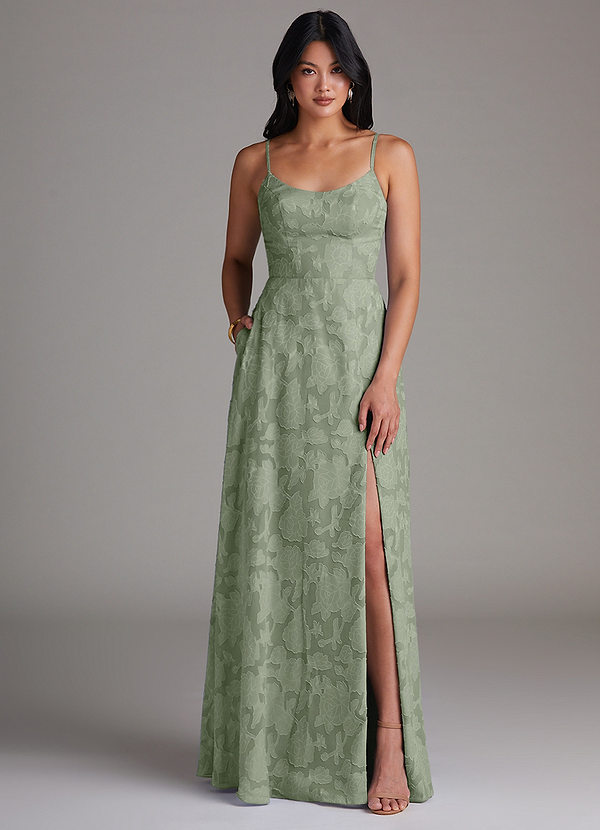 Azazie Moira Brautjungfernkleider A-Linie Seitliche Cut-Outs Blumen-Burnout Kleid Agave image1