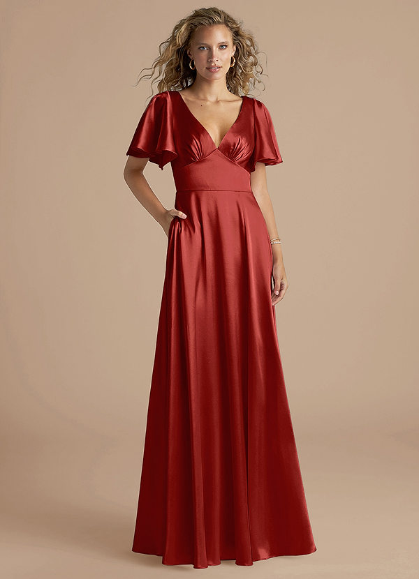 Azazie Kimber Bridesmaid Dresses Rust A-Line Ruched Metallic Satin Dress image1