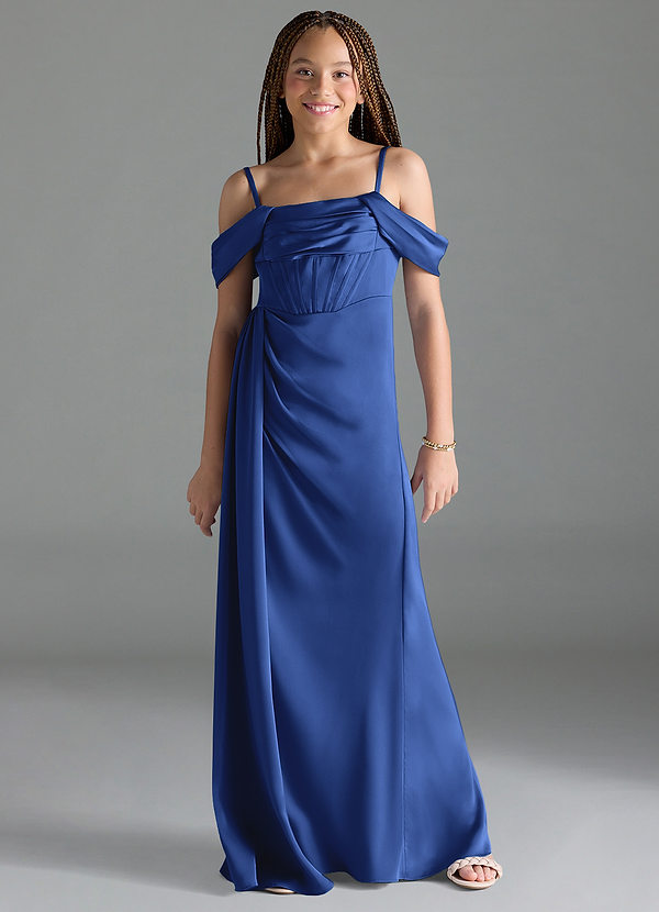 Azazie Amyra Junior Royal Blue Sheath Off the Shoulder Stretch Satin Dress image1