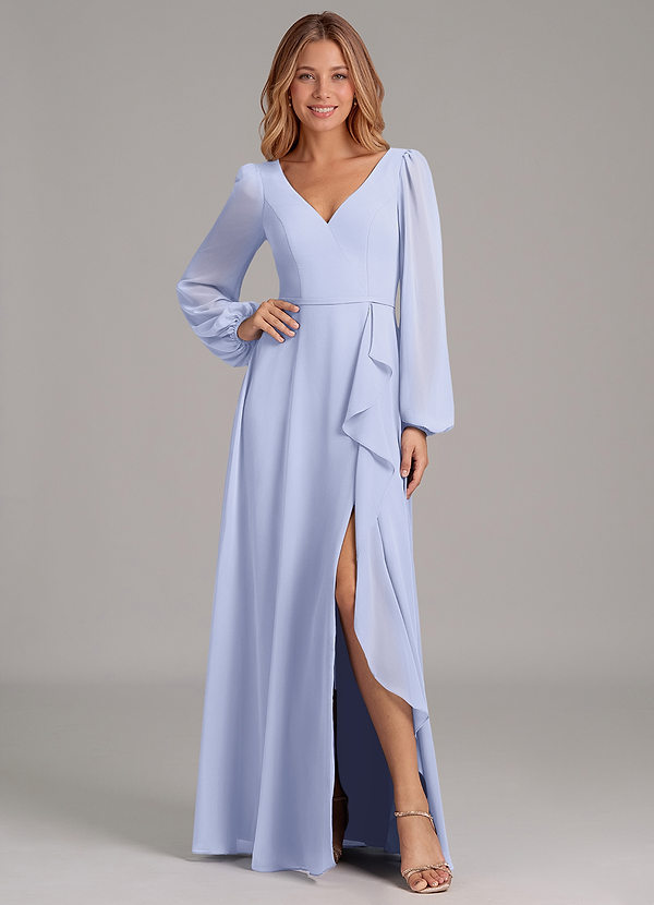 Azazie Simone 신부 들러리 드레스 A라인 긴팔 쉬폰 바닥 길이 드레스 image1