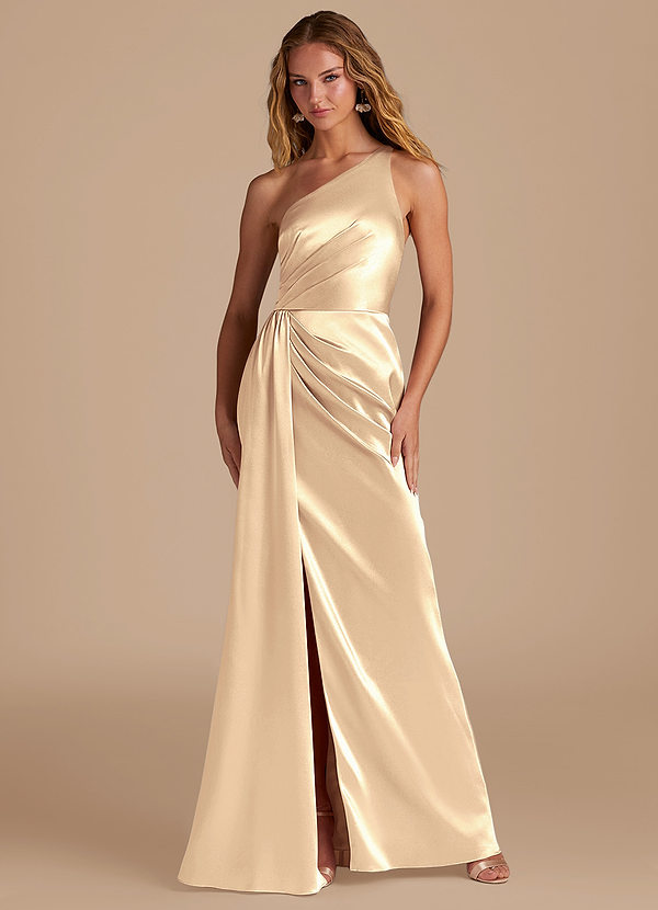 Azazie Mika Bridesmaid Dresses Gold Sheath One Shoulder Metallic Satin Dress image1