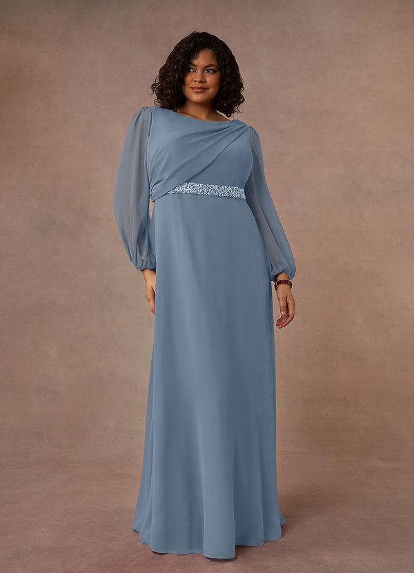 Azazie Priyanka Mother of the Brides Dresses Dusty Blue A-Line Boatneck Pleated Chiffon Dress image1