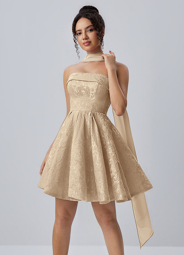 Calistabella Champagne Robe courte trapèze en mousseline jacquard coupe trapèze image1