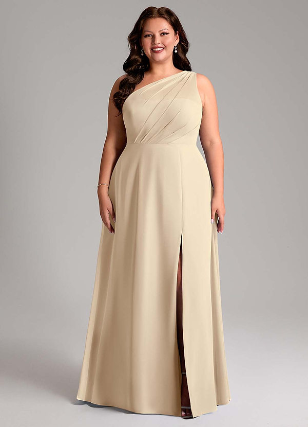 Azazie Phaedra Bridesmaid Dresses Champagne A-Line One Shoulder Chiffon Dress image1