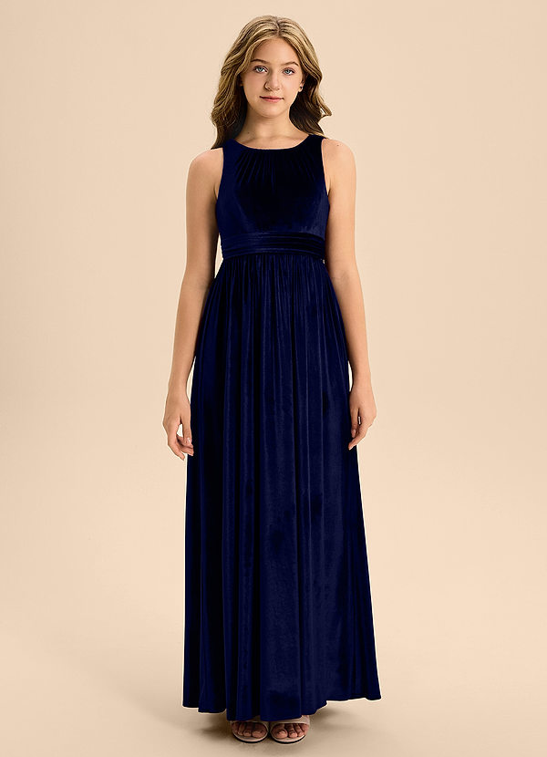 Azazie Jaylah Junior Vestido de Azul Marino Oscuro de terciopelo de Corte En A con Plisado image1