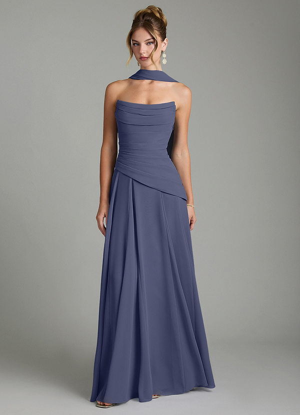 Azazie Gabriela Robes de demoiselle d'honneur Robe Trapèze en Mousseline de soie Corset Bleu Orageux image1