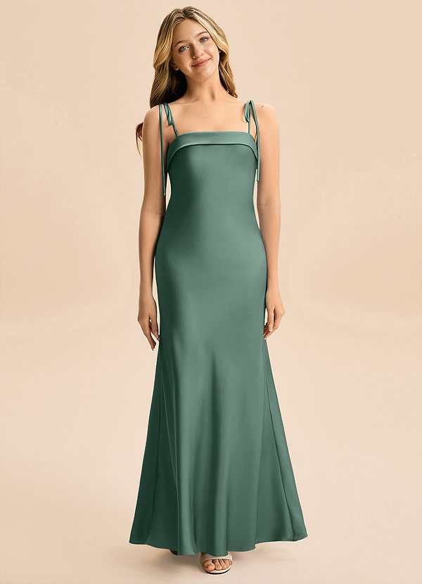 Azazie Willa Junior Eucalyptus A-Line Bow Stretch Satin Dress image1