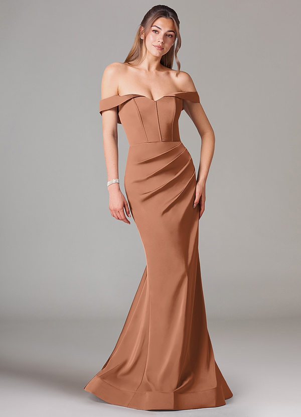 Azazie Everly Robes Demoiselle d'honneur Robe Sirène Convertible en Satin extensible Épaule décolletée Bronze image1