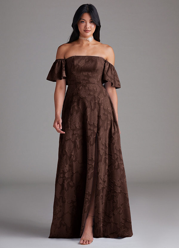 Azazie Sue Bridesmaid Dresses Vestido Ganache de Esgotamento Floral de Linha A com Fora do ombro image1