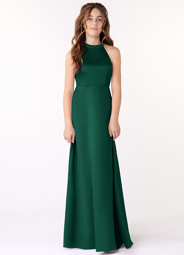 Azazie Laurel Junior Emerald A-Line Stretch Satin Dress image1