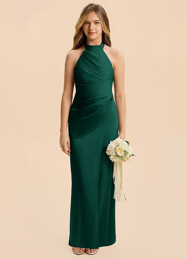 Azazie Jemma Junior Emerald A-Line Ruched Stretch Satin Dress image1