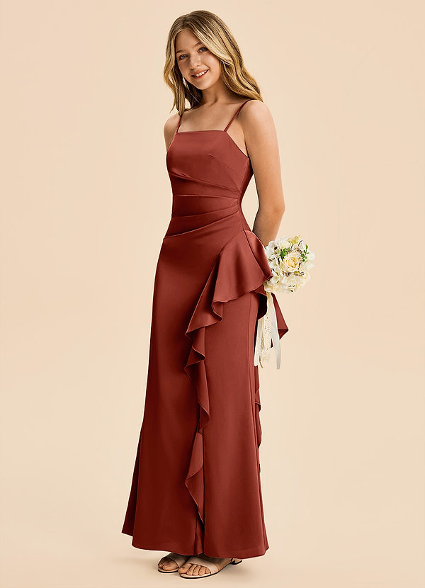 Azazie Lyla Junior Terracotta Mermaid Pleated Stretch Satin Dress image1