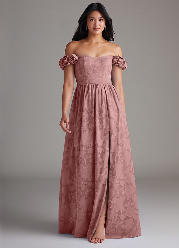Azazie Autumn Robes Demoiselle d'honneur Robe Trapèze Convertible en Blumen-Burnout Épaule décolletée Rose Poussiéreuse image1