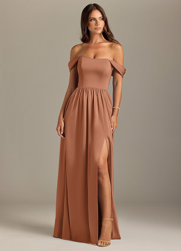 Azazie Calianna Bridesmaid Dresses Bronzer A-Line Off the Shoulder Stretch Satin Convertible Dress image1
