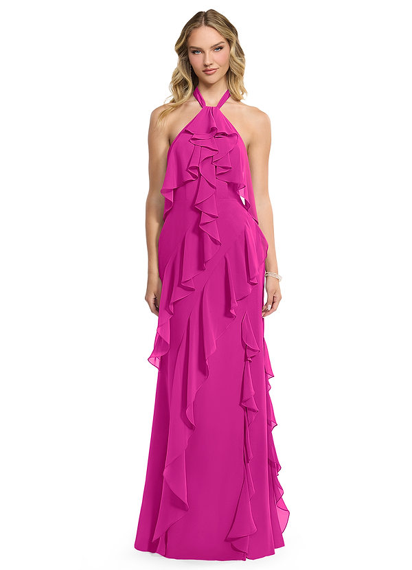Azazie Velma Bridesmaid Dresses Fuchsia A-Line Side Slit Chiffon Dress image1