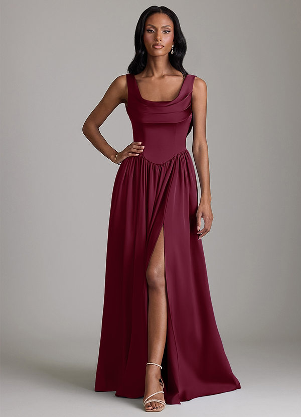 Azazie Novi Bridesmaid Dresses Mulberry A-Line with Pockets Stretch Satin Dress image1