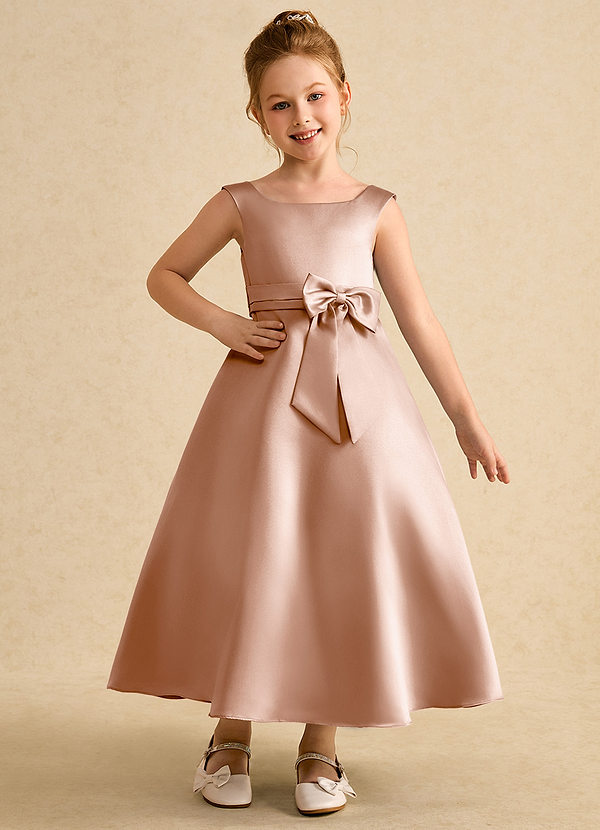 Azazie Eve Abiti da Ragazza di Fiori Abito A-Line in Raso Opaco Plissettato Champagne Rosa image1