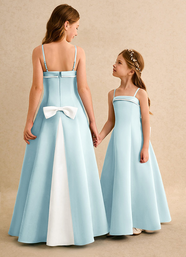 Azazie Izel Girls Formal Vestidos de arras Vestido Marfil Vidrio Marino de Satin Mate de Corte en A con Plisado image1