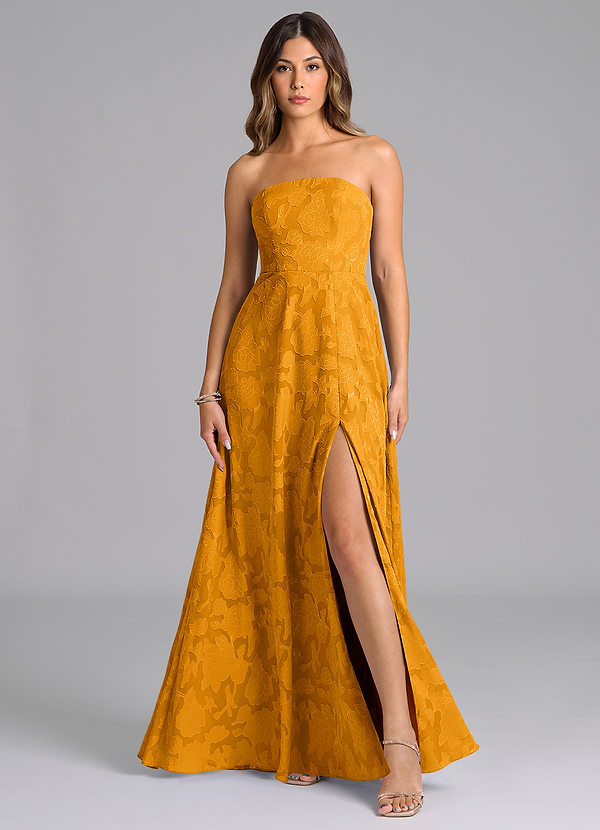Azazie Wren Bridesmaid Dresses Butterscotch A-Line Strapless Floral Burnout Dress image1
