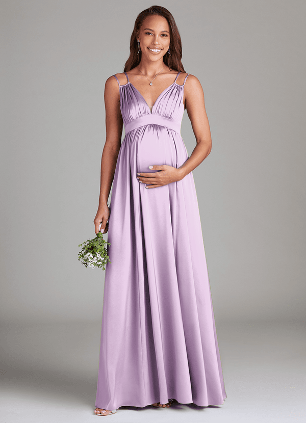 Azazie Emree Maternity Bridesmaid Dresses A-Line Stretch Satin Floor-Length Dress with Pockets image1