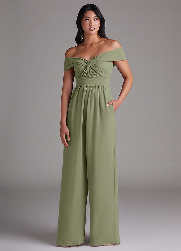 Azazie Lamara Robes Demoiselle d'honneur Combinaison Convertible en Mousseline de soie Épaule décolletée Pistache image1