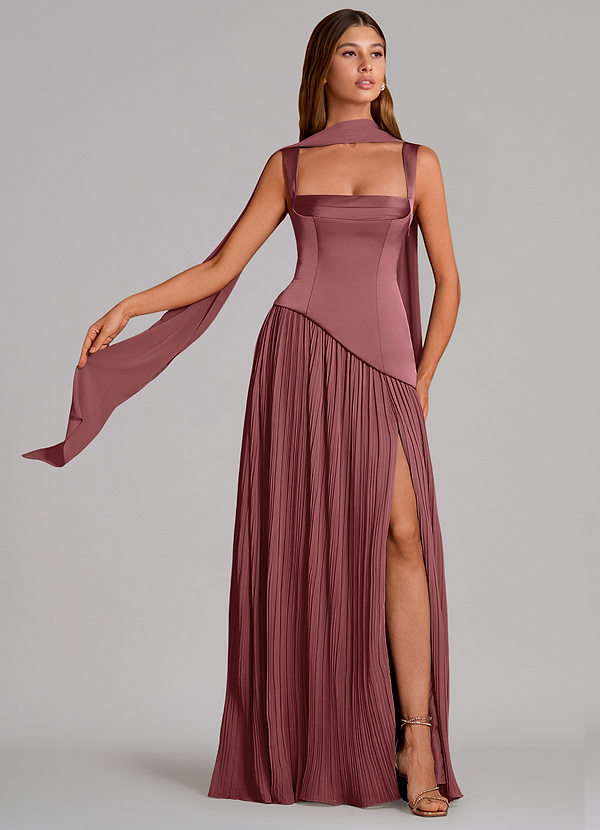 Azazie Stephanie Bridesmaid Dresses Amethyst A-Line Pleated Stretch Satin Dress image1