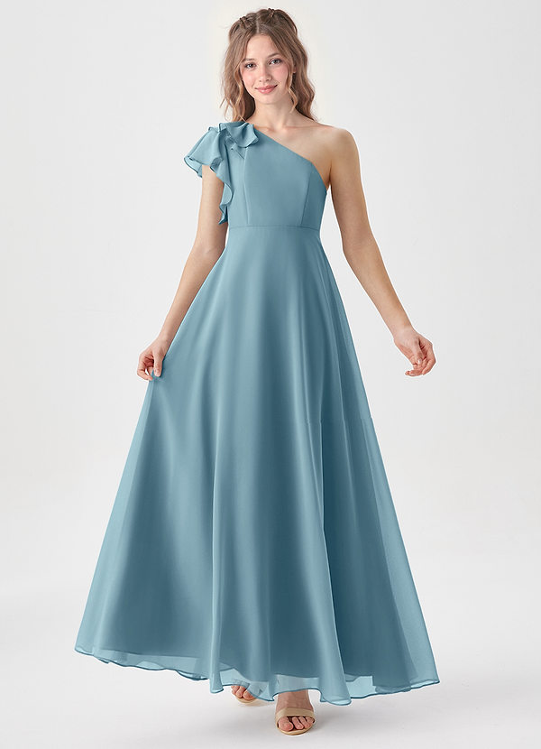 Azazie Arabella Junior Robe Trapèze en Mousseline de soie Rayé Bleu Maussade image1