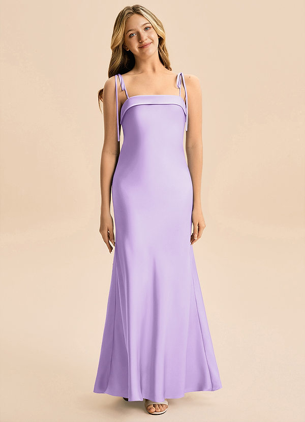 Azazie Willa Junior Lilac A-Line Bow Stretch Satin Dress image1