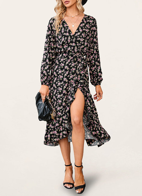 front Hanalei Black Floral Print Long Sleeve Midi Dress
