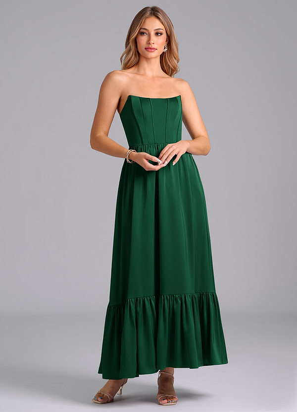 Azazie Leilana Bridesmaid Dresses Dark Green A-Line Corset Stretch Satin Dress image1