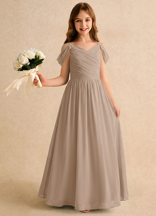 Azazie Chelo Girls Formal Abiti da Damigella Bambina Abito A-Line in Chiffon Plissettato Taupe image1
