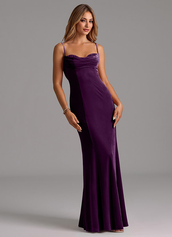 Azazie Karryn Bridesmaid Dresses Grape Mermaid Corset Velvet Dress image1