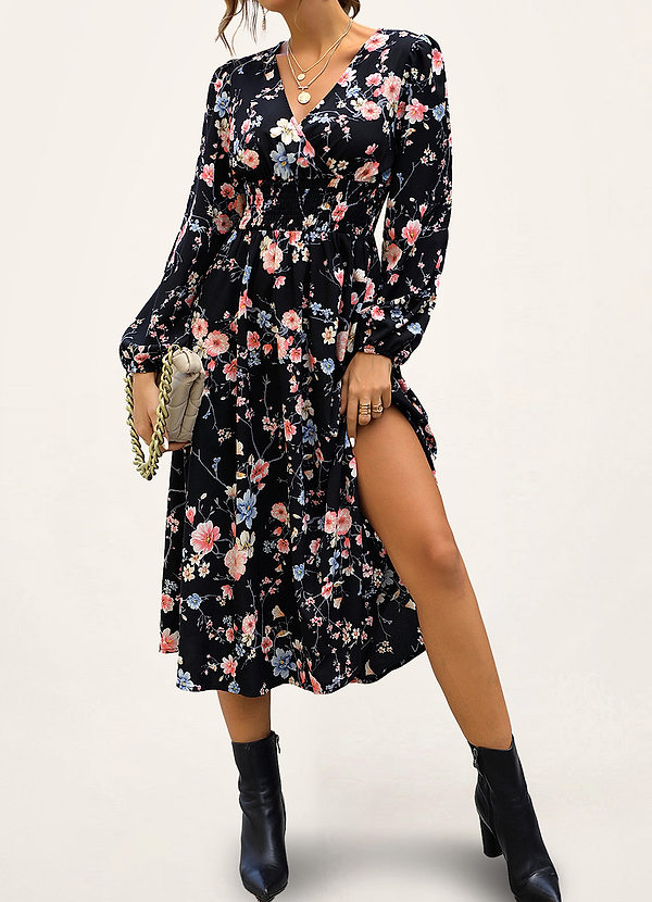 front Deltana Black Floral Print Long Sleeve Midi Dress