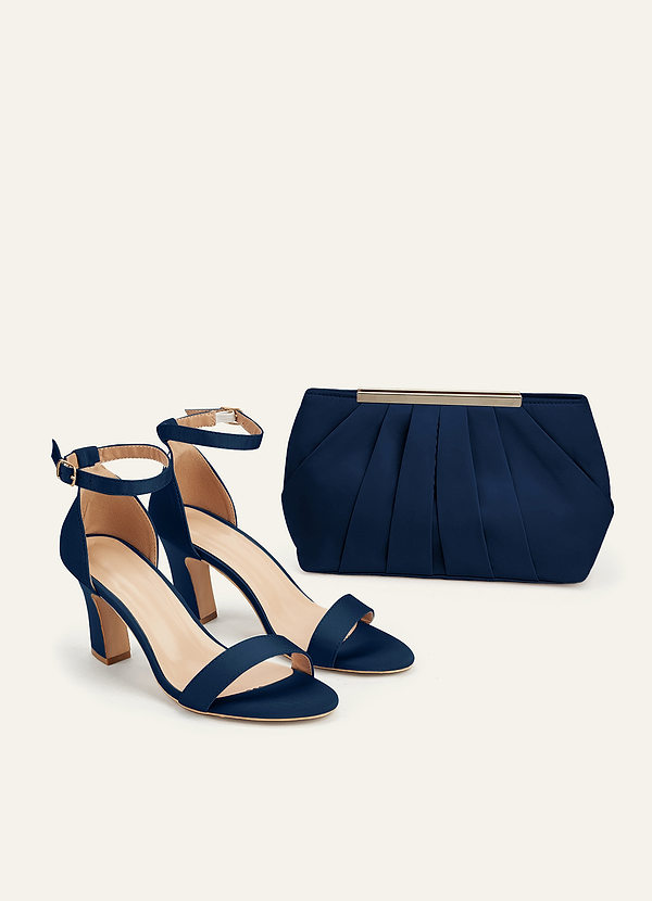 front Matching Color Stretch Satin Chunky Heel Sandals & Pleated Clutch Set
