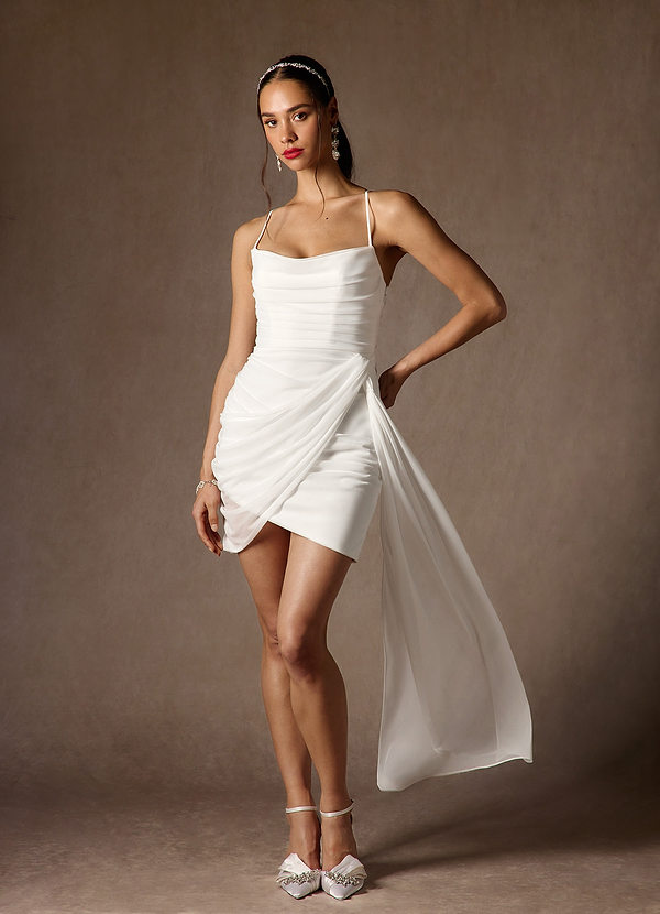 Azazie Iras Wedding Dresses Diamond White Sheath Cowl Neckline Pleated Mesh Dress image1