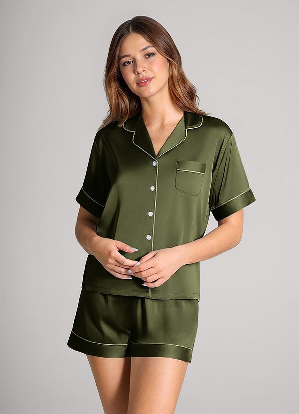 front Olive Satin Contrast Piping Pajama Set