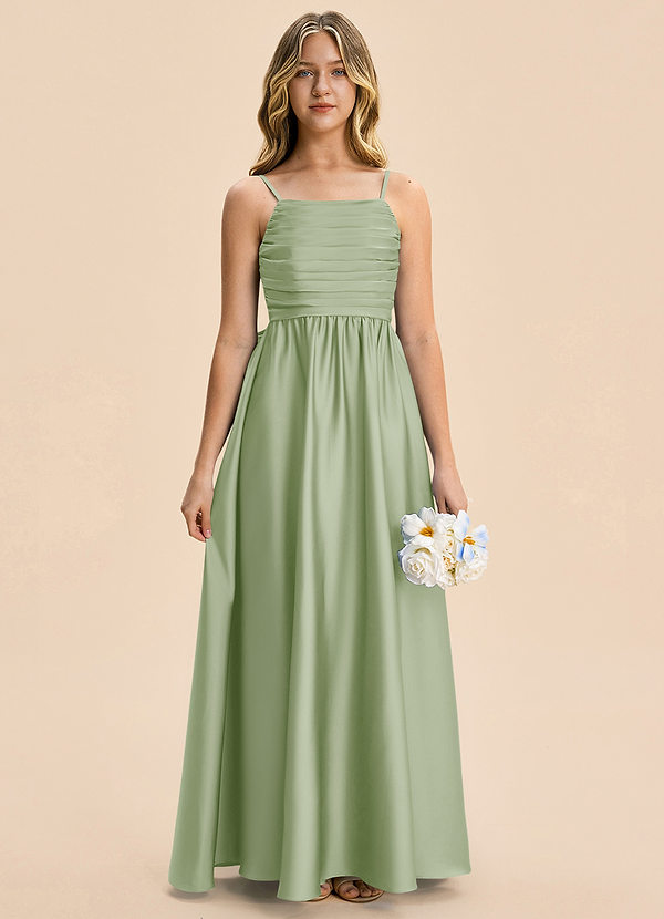 Azazie Kai Junior Vestido Salvia Polvorienta de Satén Elástico de Corte en A con Plisado image1